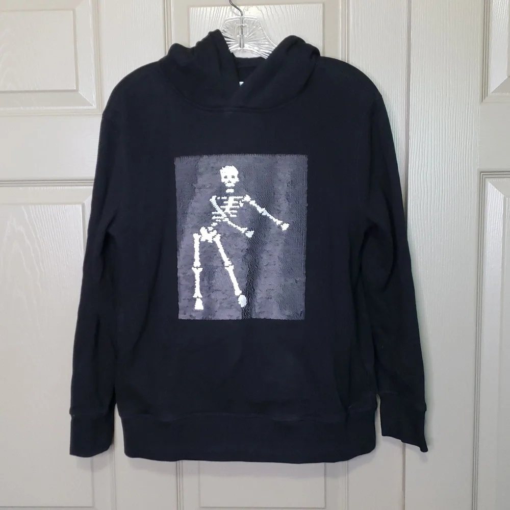 GAP Kids Black Sequin Reversible Skeleton Hoodie Size XXL Halloween